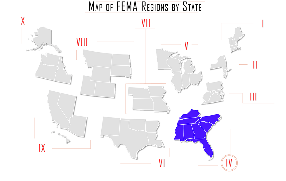 FEMA region iv, FEMA region 4, map with Alabama AL, Florida FL, Georgia GA, and Kentucky KY